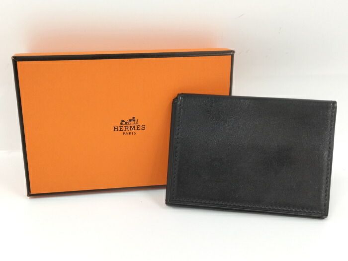 Hermes Clunesey Trifold Card Case Box Calf Black Stamped B