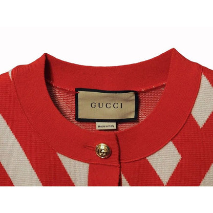 Gucci Striped Cardigan Womens Wool Red Ivory Gold Tone Double G