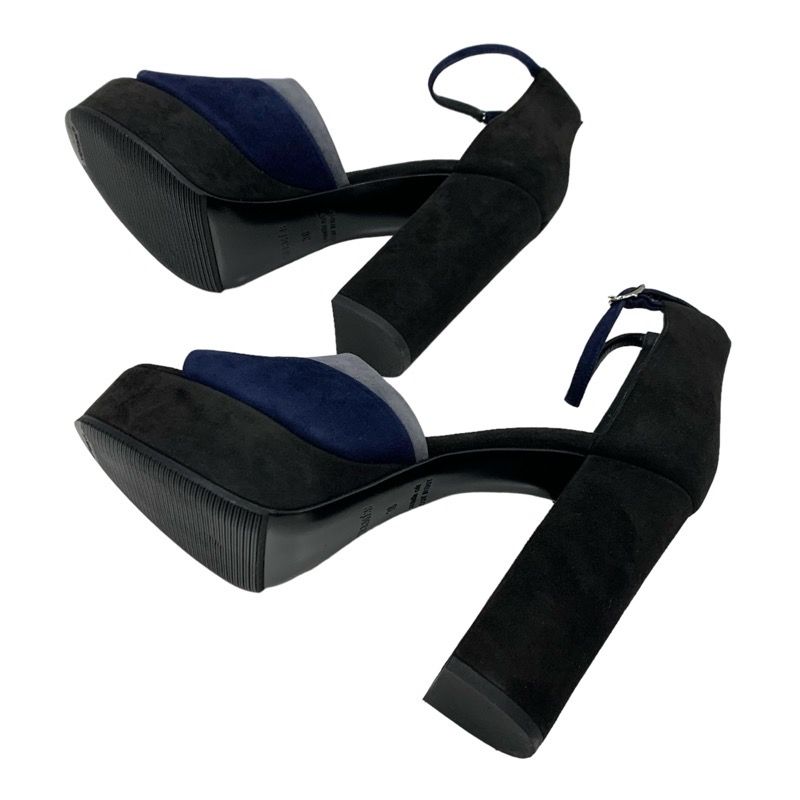 Hermes Sandals Shoes Suede Navy Black Gray Ankle Strap