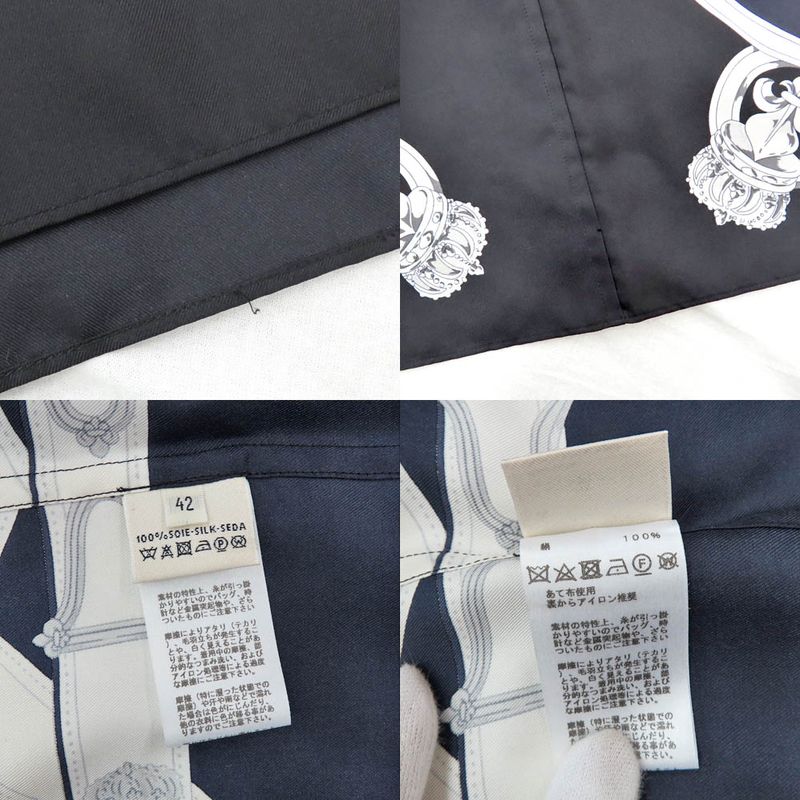 Hermes Sleeveless Tunic Silk Belt Pattern 42 Navy-white Black Tops