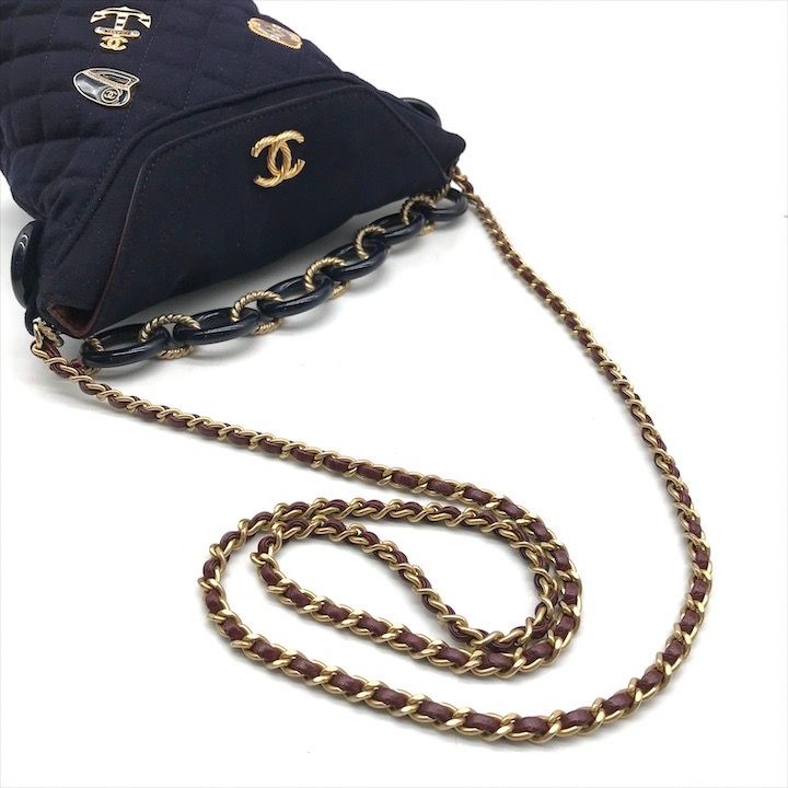 Chanel CC Logo Cotton Jersey Quilted Paris Hamburg 2-Way Chain Shoulder Bag Navy