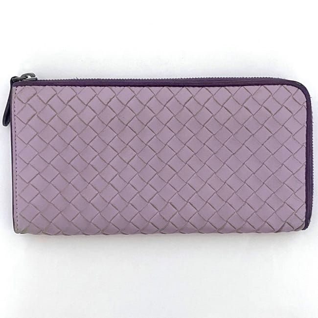 Bottega Veneta L Shaped Zipper Long Wallet In Purple Intrecciato Excellent