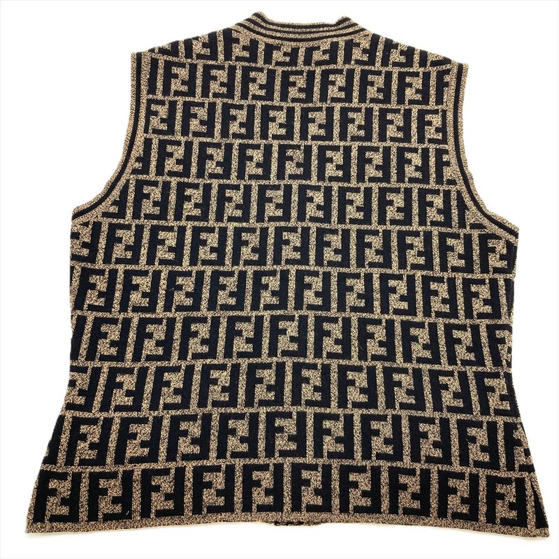 Fendi Knit Vest Wool Zucca Pattern Black And Brown Logo Women