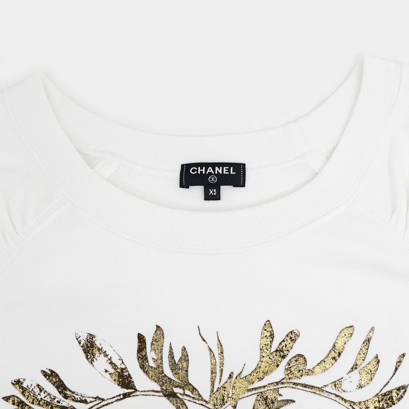 Chanel Short Sleeve Cut And Sew - P57840k0726 Size XS Coco Mark White