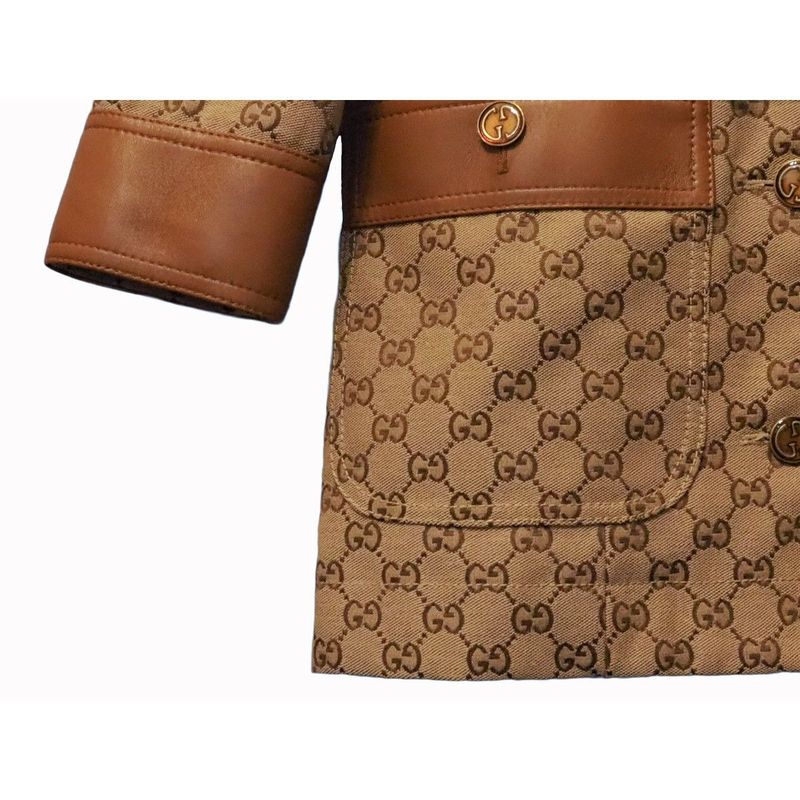 Gucci GG Canvas Jacket Web Stripe with Belt Women's Outerwear Leather Trim