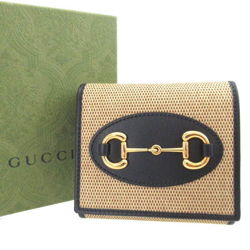 Gucci Horsebit 621891 Canvas Leather Beige Navy Blue Bifold Wallet 0437 Gucci