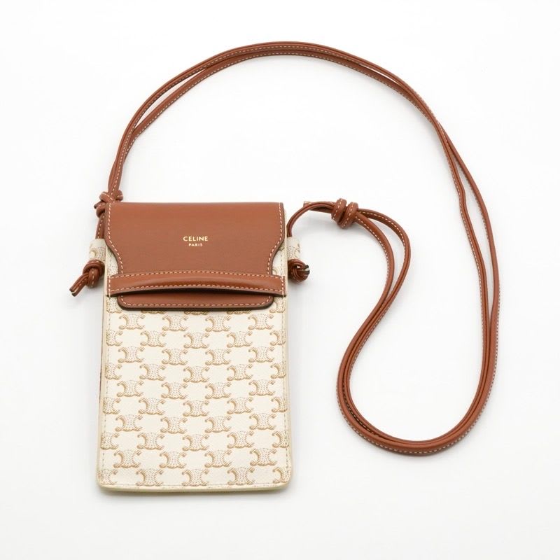 Celine Mobile Smartphone Accessories Leather Brown White Triomphe Logo Phone