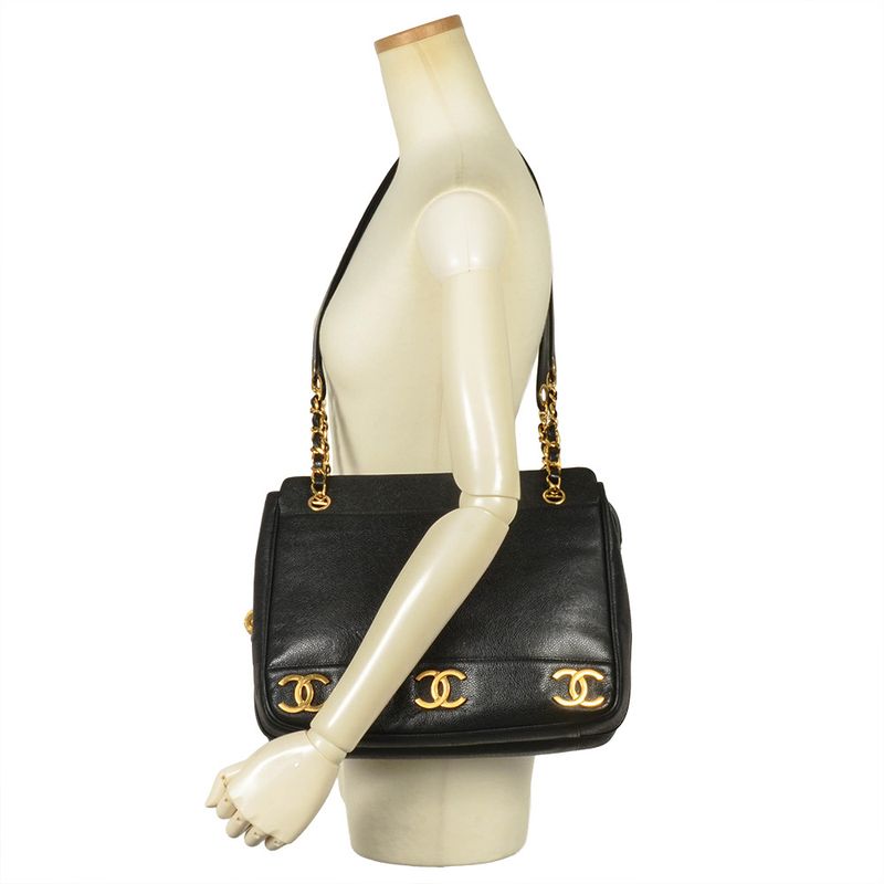Chanel Triple Coco Chain Shoulder Bag Caviar Skin Black Gold Hardware 7 Digit 4