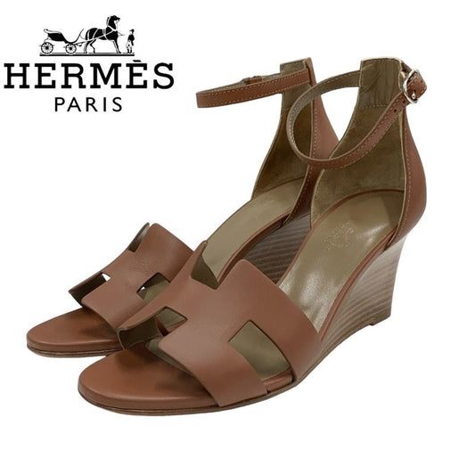 Hermes Legend Sandals Shoes Leather Brown Unused Wedge Sole Ankle Strap