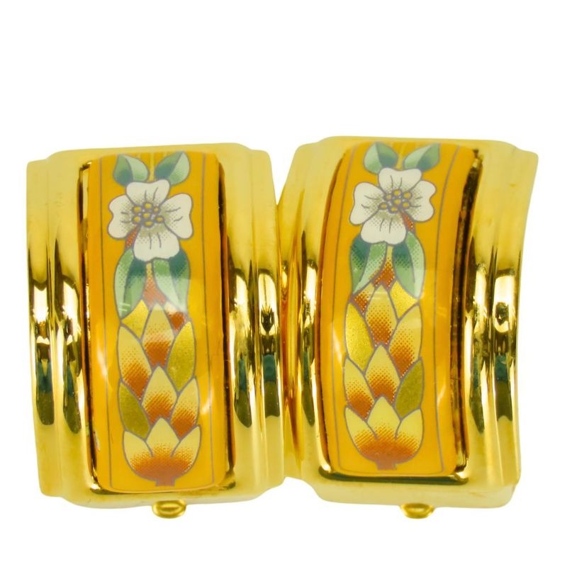 Hermes Earrings Emile Metal Yellow Gold Cloisonne Flower Plated