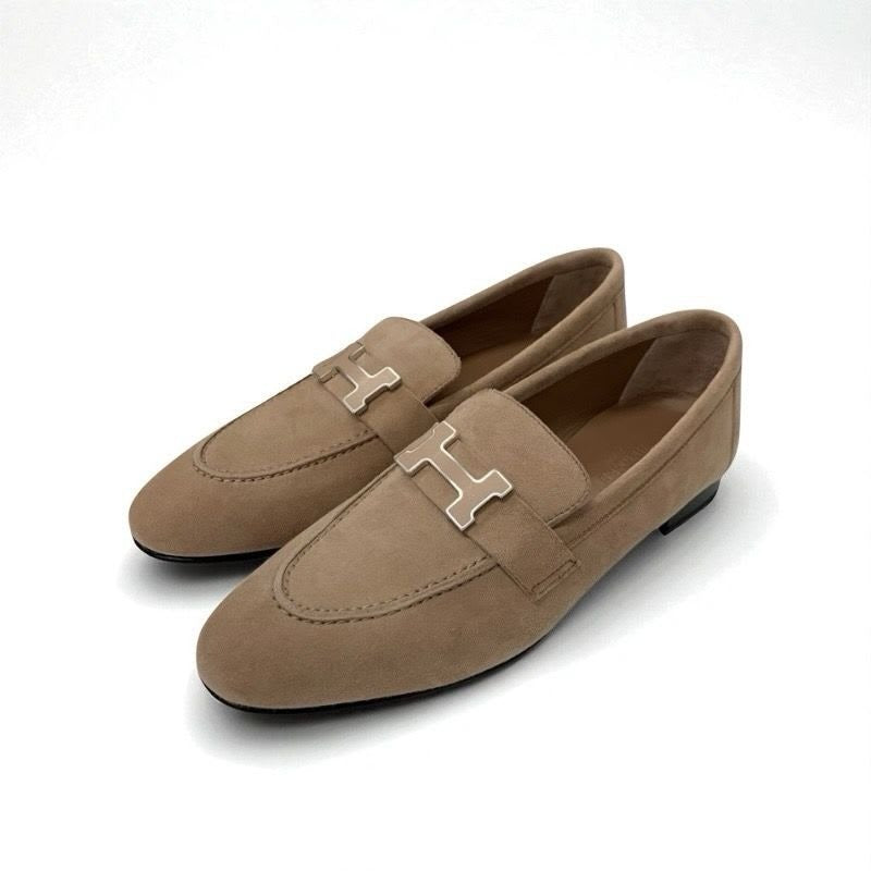 Hermes Paris Loafer Leather Shoes Suede Beige Hhardware Moccasin Flat