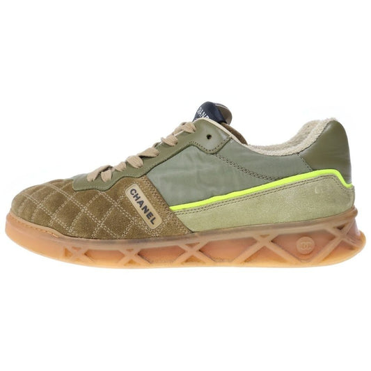 Chanel Logo Rubber Suede Low Cut Sneakers Khaki