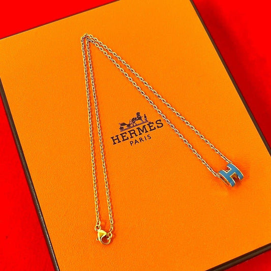 Hermes Box Mini Pop Necklace Pendant Choker Gold Blue Jean