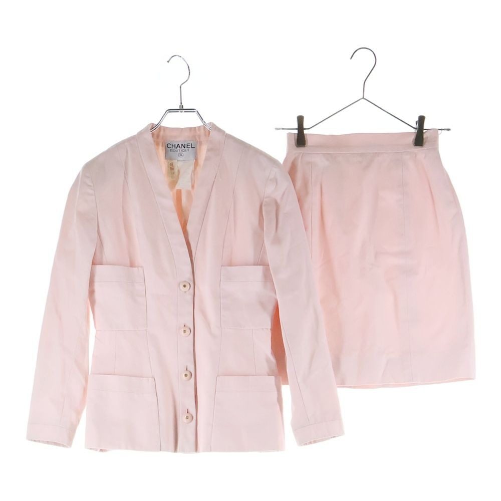 Chanel Set CC Logo Button Tailored Jacket Tight Mini Skirt Pink