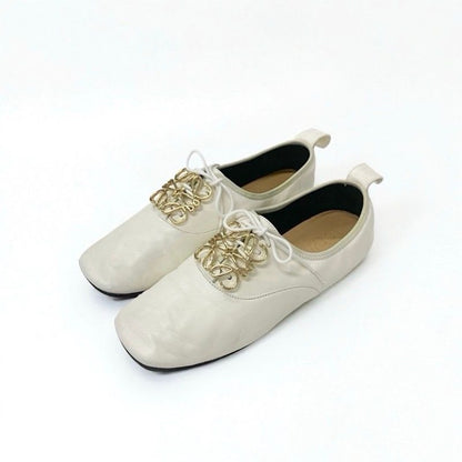 Loewe Flat Shoes Leather White Gold Anagram Soft Derby Lace Up