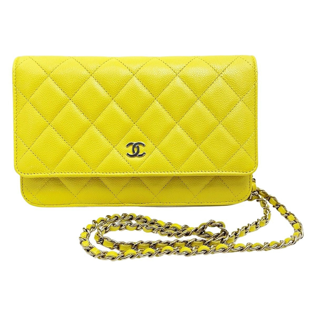 Chanel Quilted Ap0250 Yellow Chain Wallet Shoulder Bag Caviar Leather
