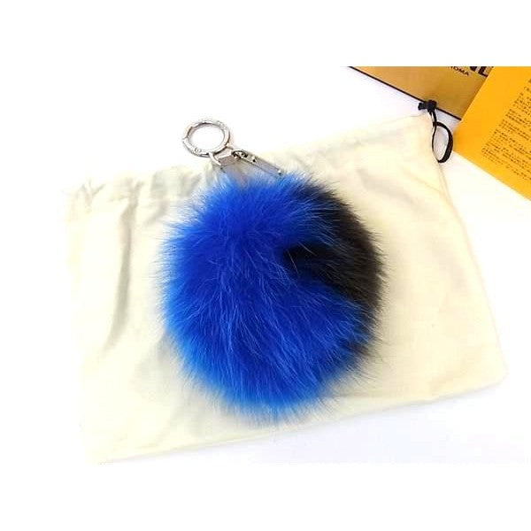 Fendi Pom Charm Leather Key Holder Key Sling Bag Blue Black