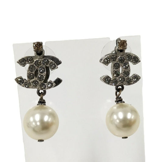 Chanel CC Logo Line Stone Earrings Plated Silver