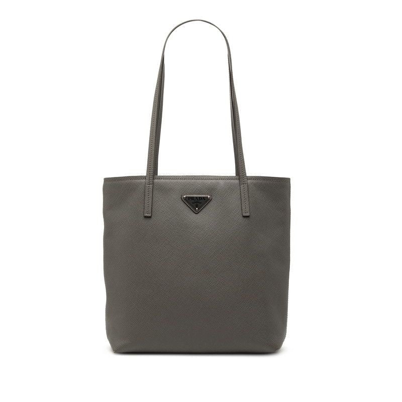 Prada Triangle Logo Plate Tote Bag Handbag Gray Sapphire Leather