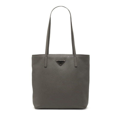 Prada Triangle Logo Plate Tote Bag Handbag Gray Sapphire Leather