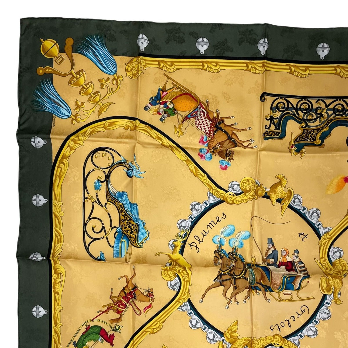 Hermes Scarf Silk Carre 90 Plumes Et Grelots Feathers And Bells Green — view 3
