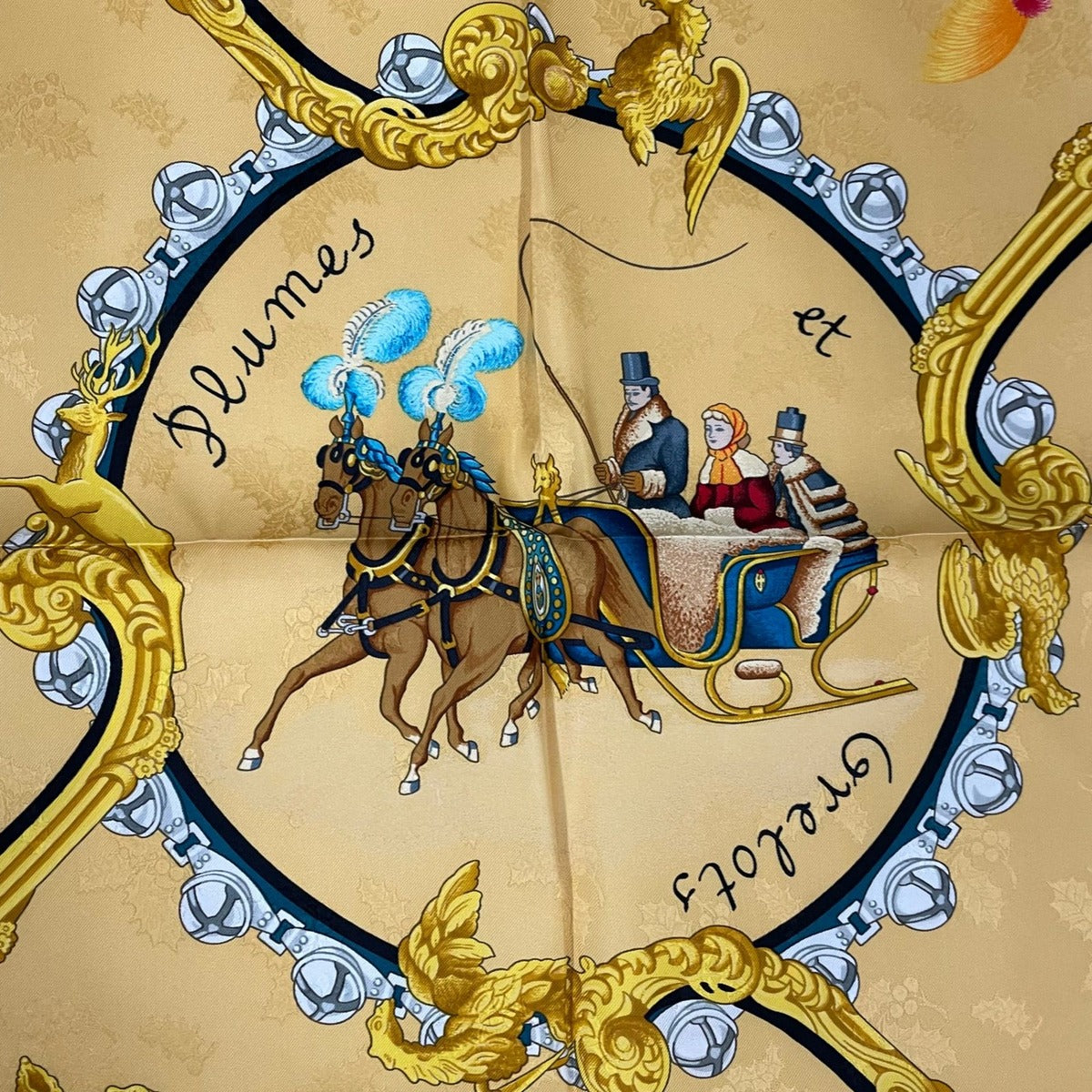 Hermes Scarf Silk Carre 90 Plumes Et Grelots Feathers And Bells Green — view 7