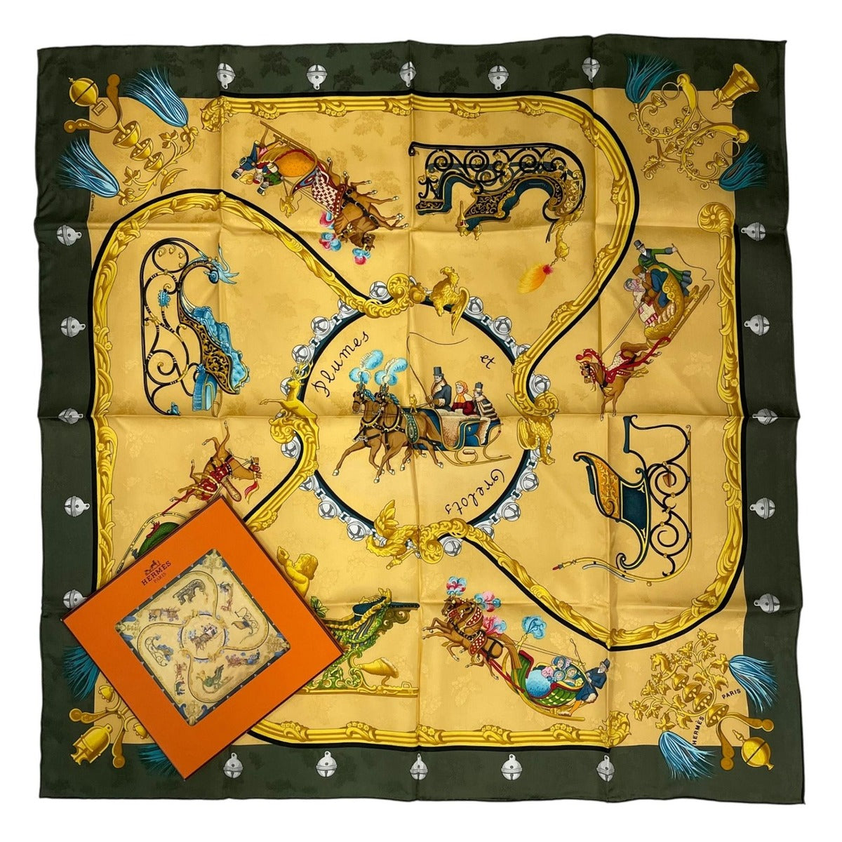 Hermes Scarf Silk Carre 90 Plumes Et Grelots Feathers And Bells Green