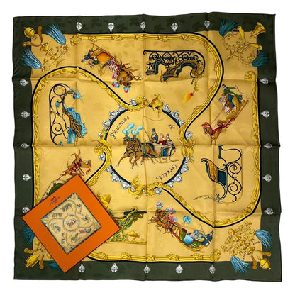 Hermes Scarf Silk Carre 90 Plumes Et Grelots Feathers And Bells Green