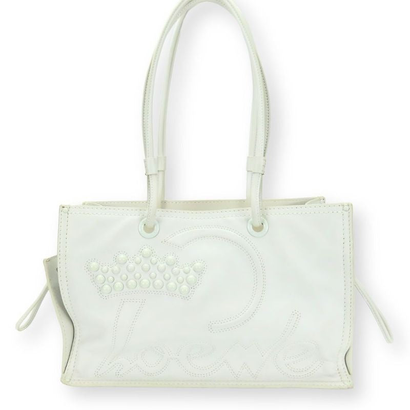 Loewe Tote Bag Crown Logo Stitch Leather Plastic White Studded Shopper