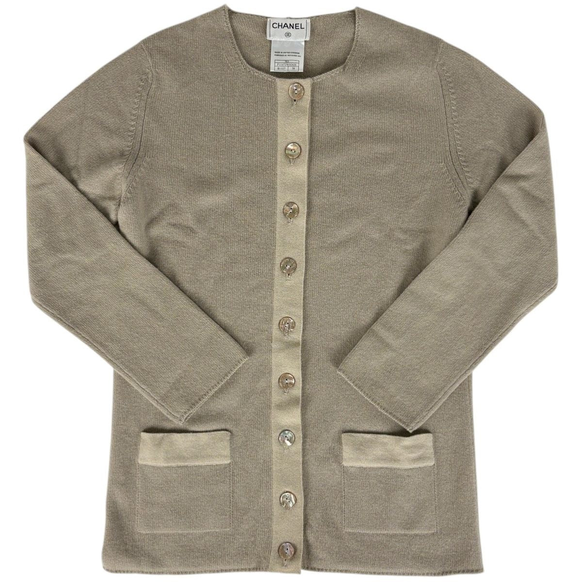 Chanel CC Logo Button Cardigan Knit Top Cashmere Beige