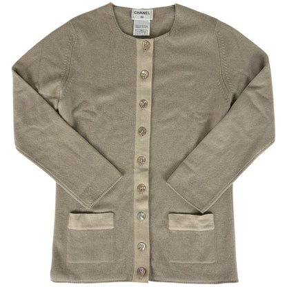Chanel CC Logo Button Cardigan Knit Top Cashmere Beige