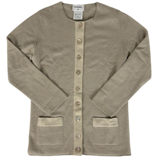 Chanel CC Logo Button Cardigan Knit Top Cashmere Beige