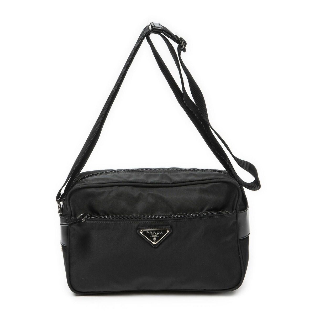 Prada Front Zip Camera Crossbody Black Nylon Canvas