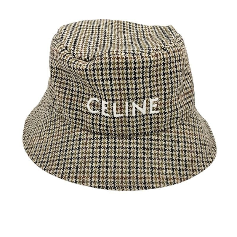 Celine Hat Wool Brown Logo Houndstooth Bucket