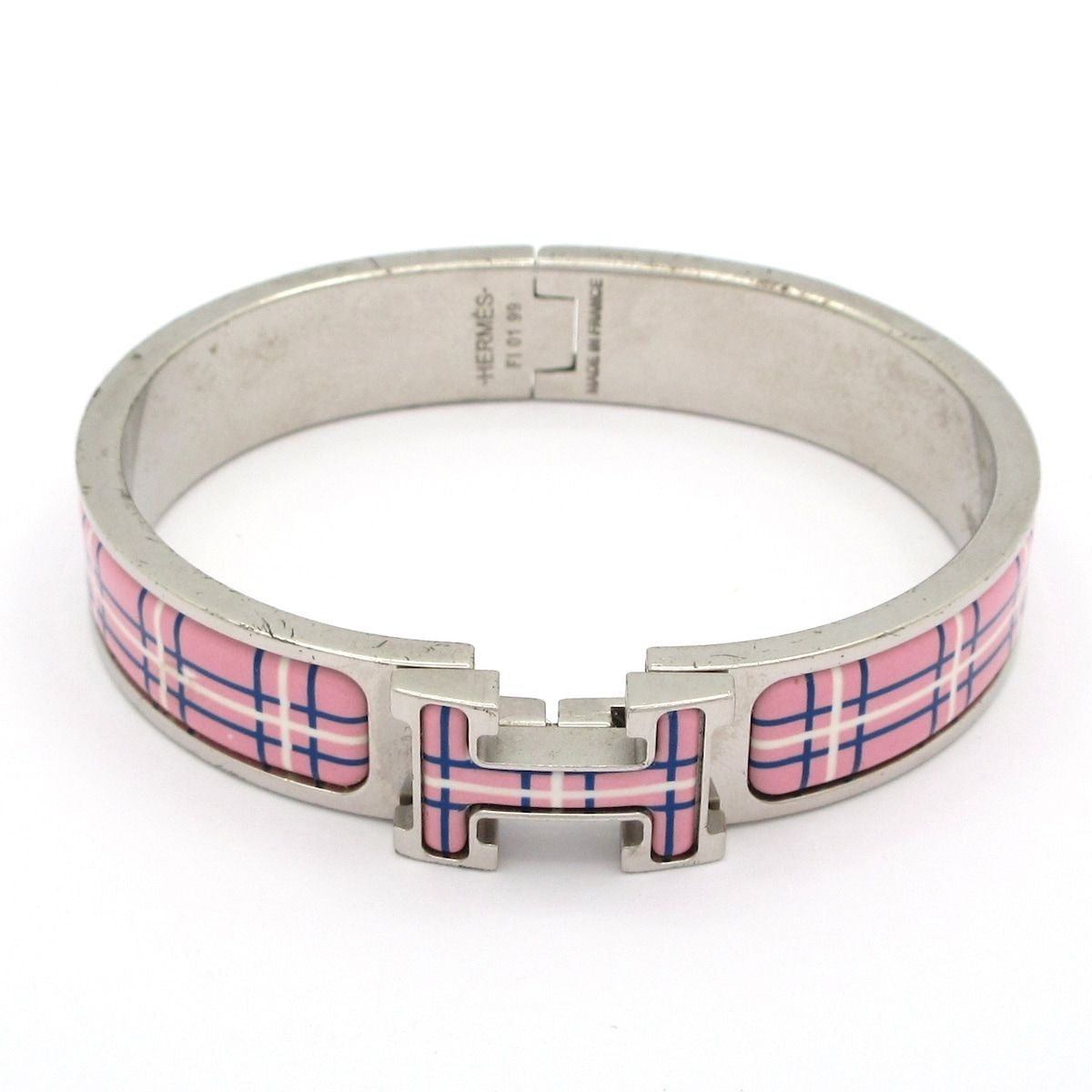 Hermes Bangle Click Silver Pink Multi Plaid Pattern X