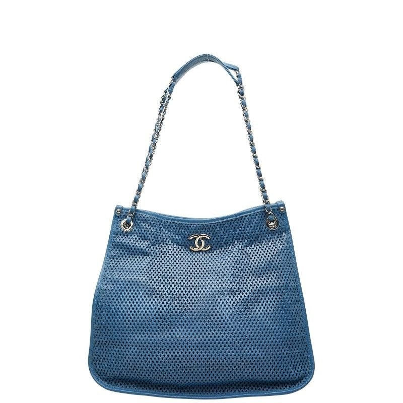Chanel CC Logo Mesh Chain Tote Light Blue Leather