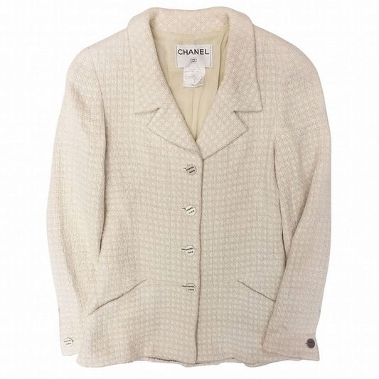 Chanel Tweed Jacket Blue Leather Logo Button 00 C Top Size 36 S 00S