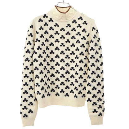 Hermes Series Button High Neck Clover Cashmere Knit Sweater Ivory 36