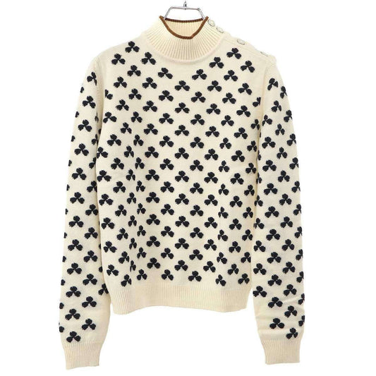 Hermes Series Button High Neck Clover Cashmere Knit Sweater Ivory 36