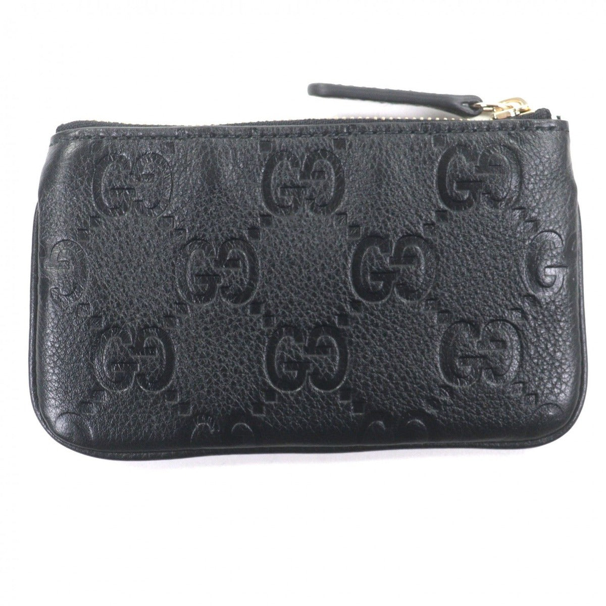 Gucci Leather GG Emblem Key Pouch Coin Case Black Gold Box Stora