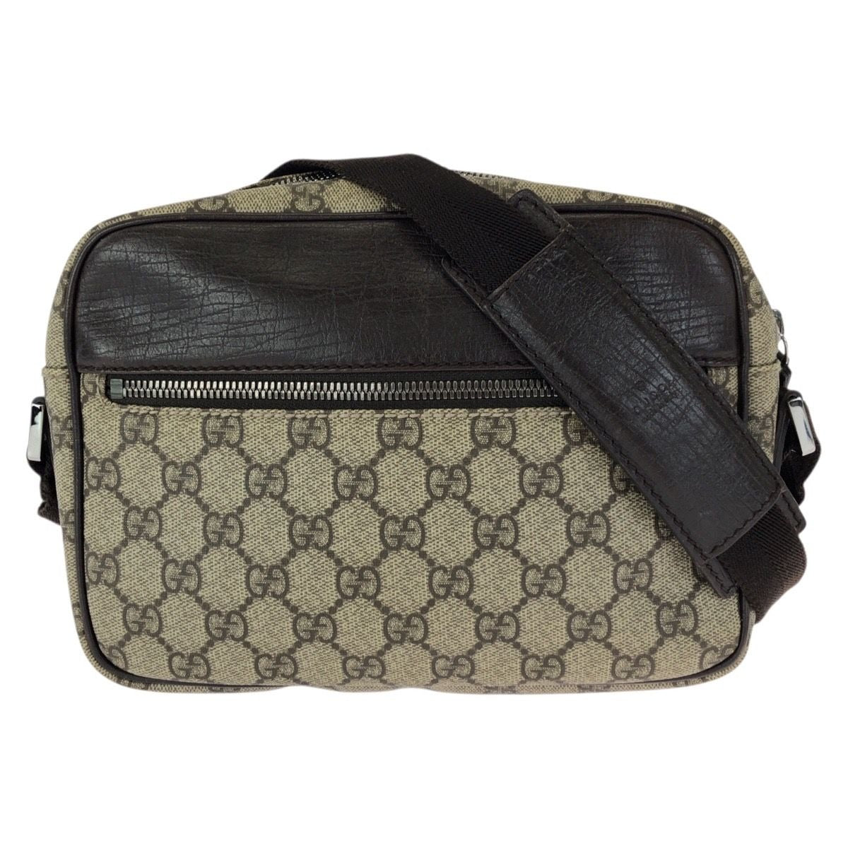 Gucci Beige Dark Brown Silver GG Supreme Canvas Leather Shoulder Bag