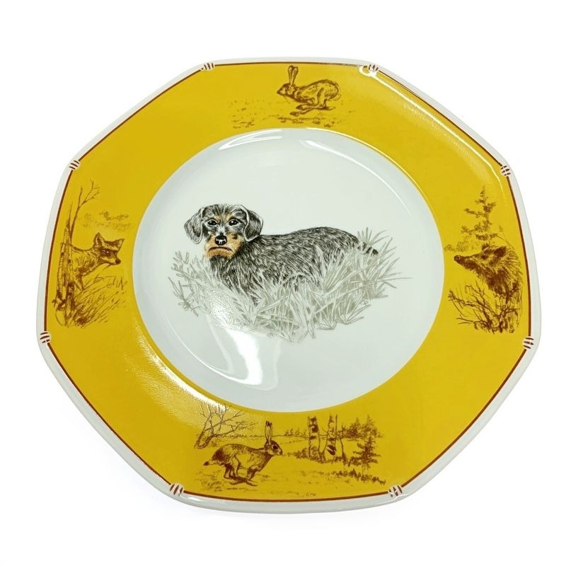 Hermes Porcelain Chasse Dachshund Dishware Yellow Dish