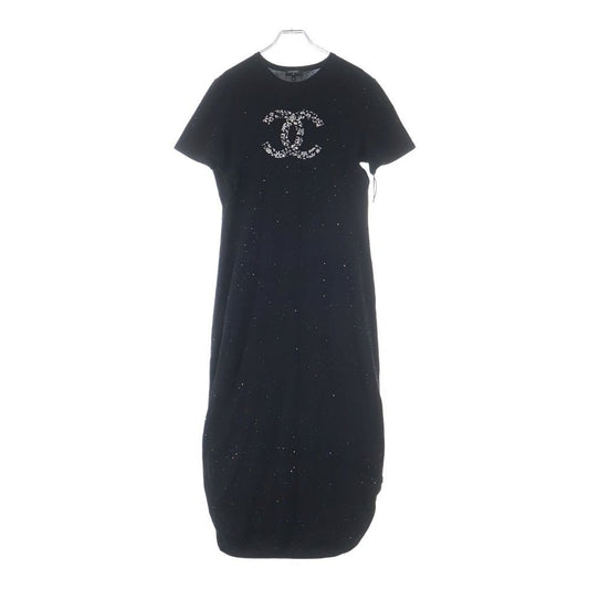 Chanel CC Logo Lame Top Short Sleeve Dress Cotton Black
