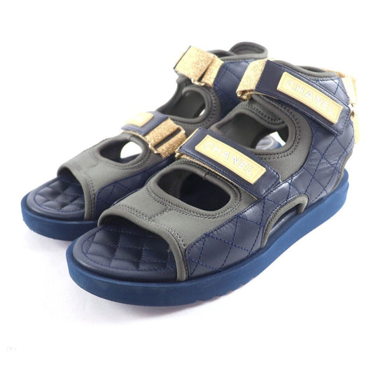 Chanel CC Logo Quilted Velcro Fabric Leather Sandals Khaki Navy 39