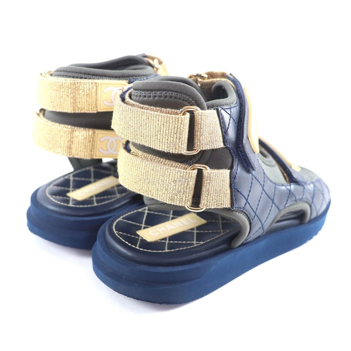 Chanel CC Logo Quilted Velcro Fabric Leather Sandals Khaki Navy 39 — view 3