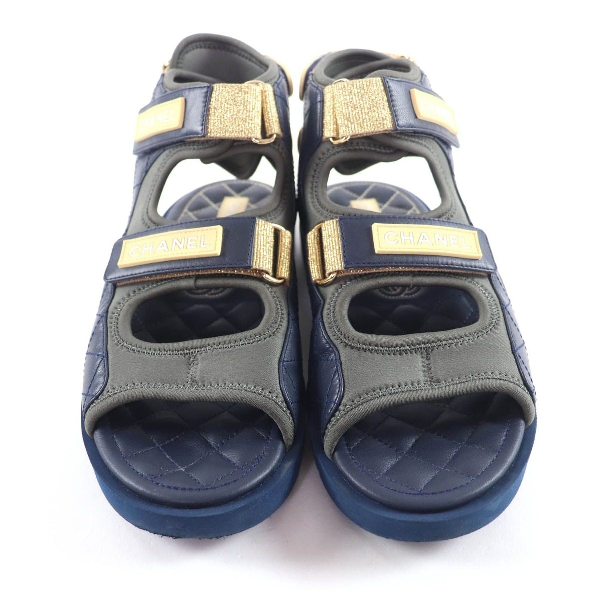 Chanel CC Logo Quilted Velcro Fabric Leather Sandals Khaki Navy 39 — view 4