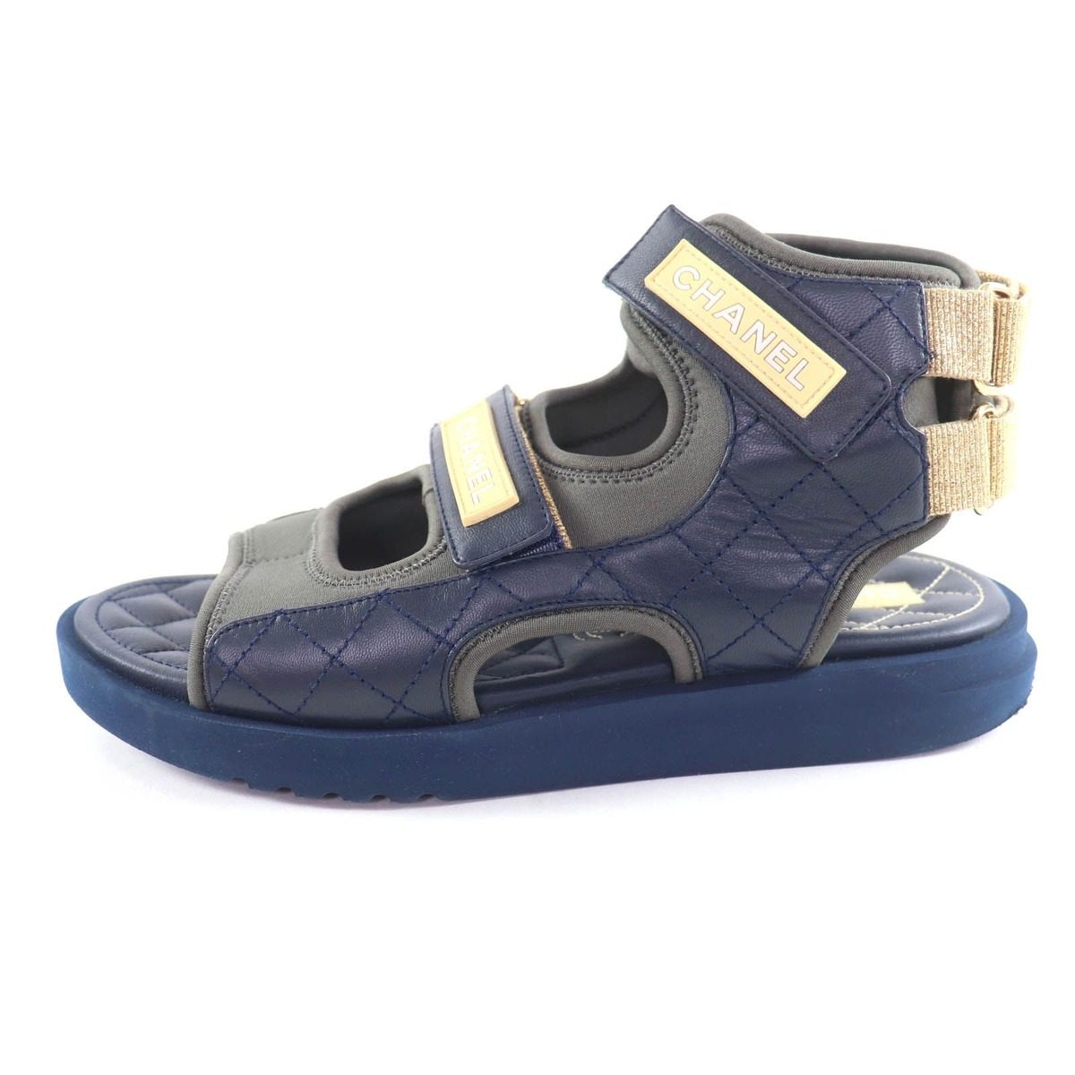 Chanel CC Logo Quilted Velcro Fabric Leather Sandals Khaki Navy 39 — view 5
