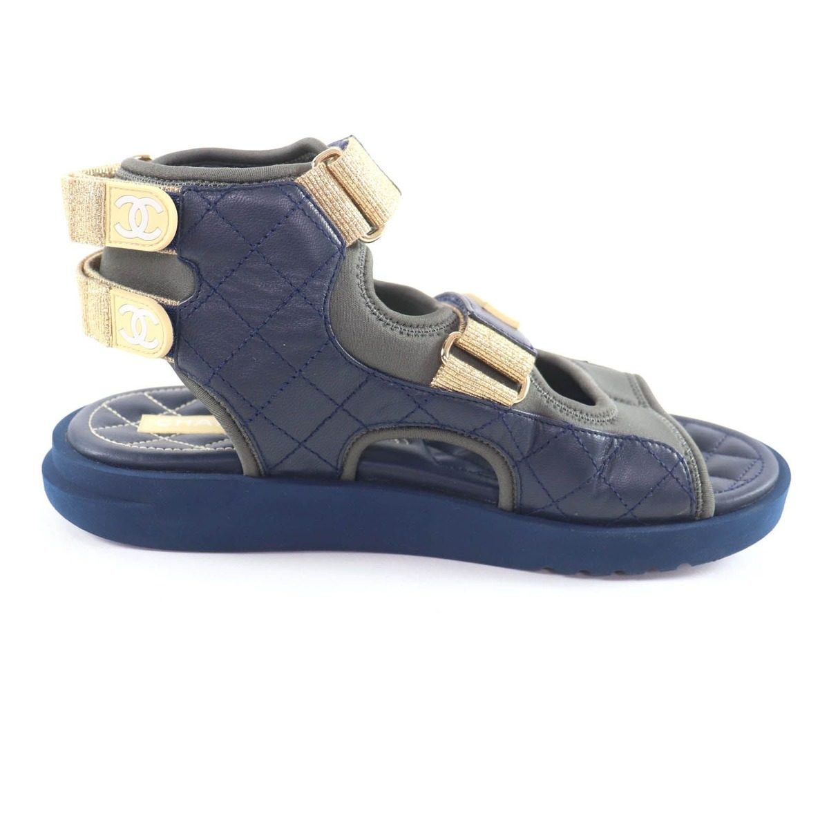 Chanel CC Logo Quilted Velcro Fabric Leather Sandals Khaki Navy 39 — view 6