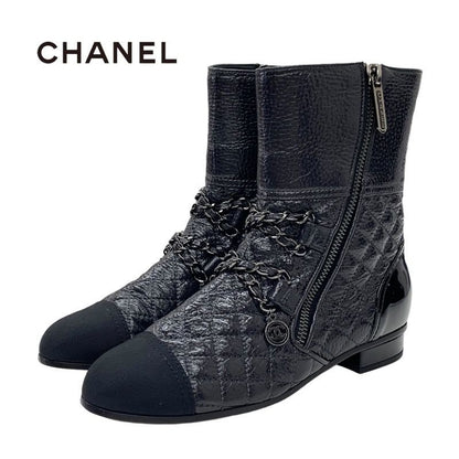Chanel Boots Short Shoes Leather Black Coco Mark Chain Quilted