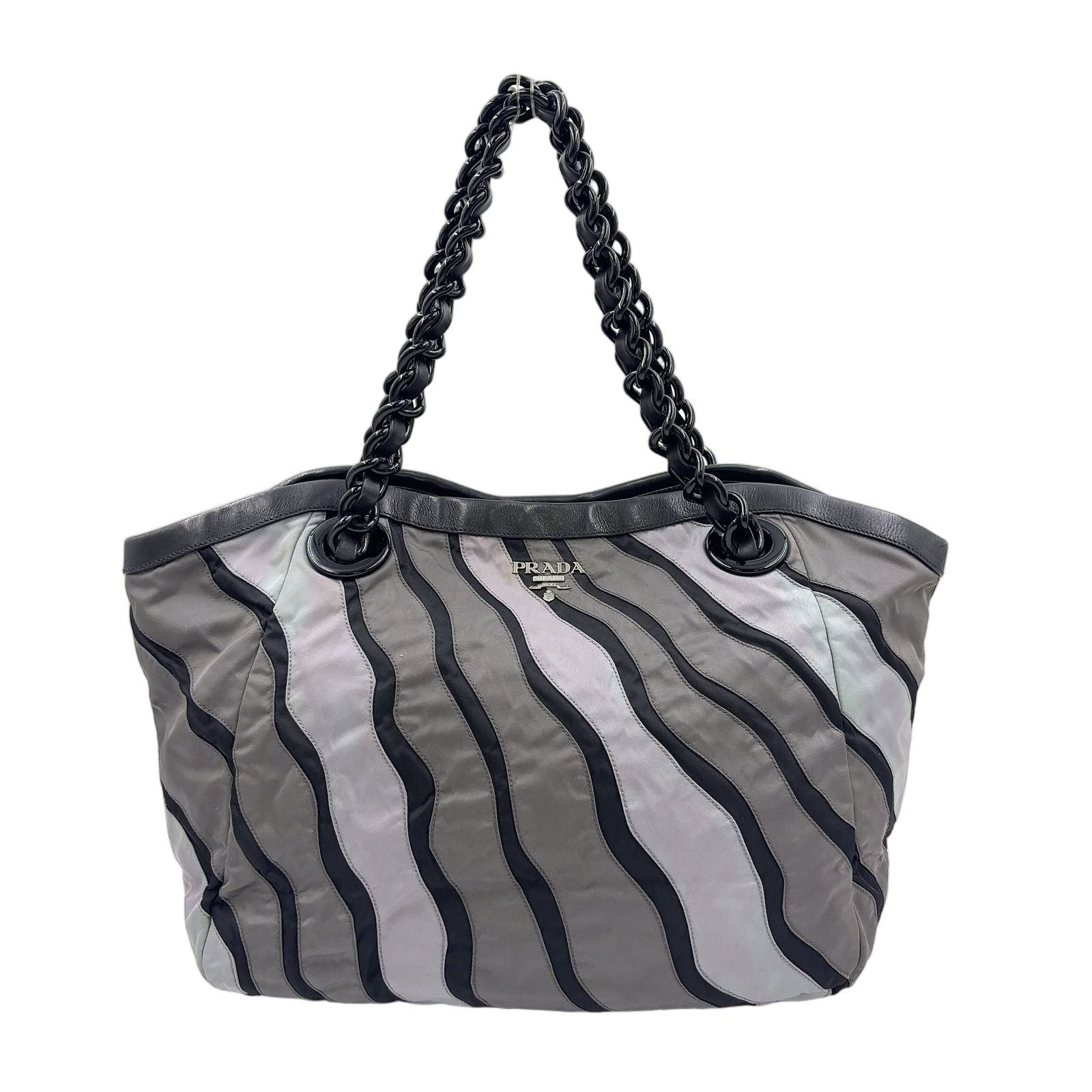 Prada Silver Logo Leather Nylon Gray Black Light Chain Handbag
